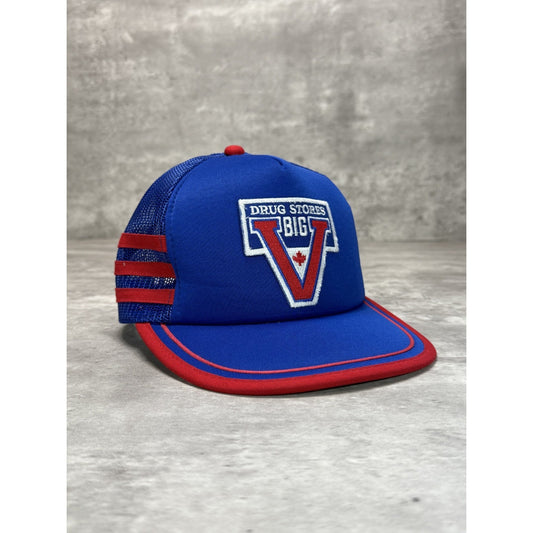 Vintage 80s Drug Stores Big V Embroidered Three Stripe Trucker Snapback Hat OSFA