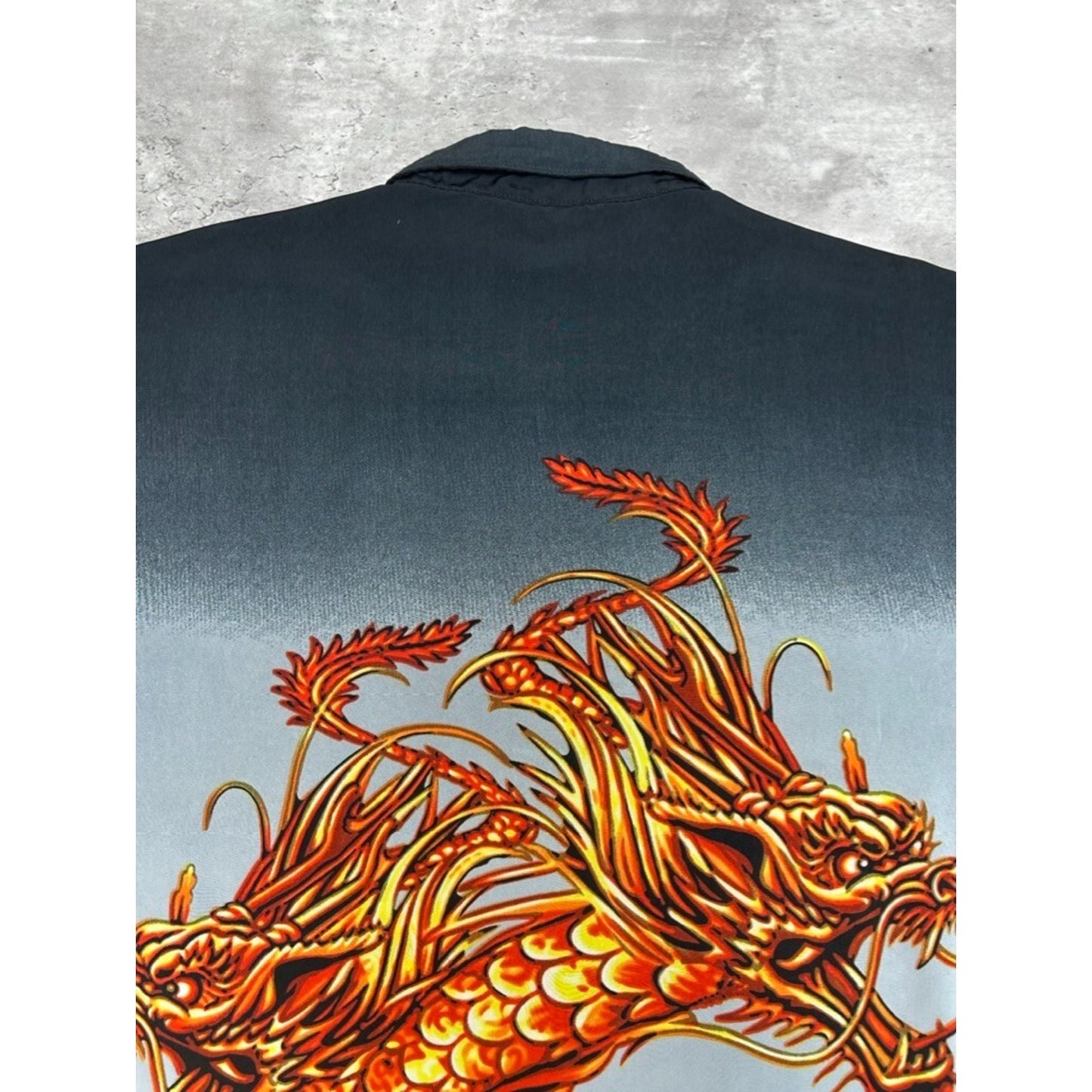 Vintage Y2K Anime Flaming Dragon All Over Print Graphic Button Up Shirt Size XXL