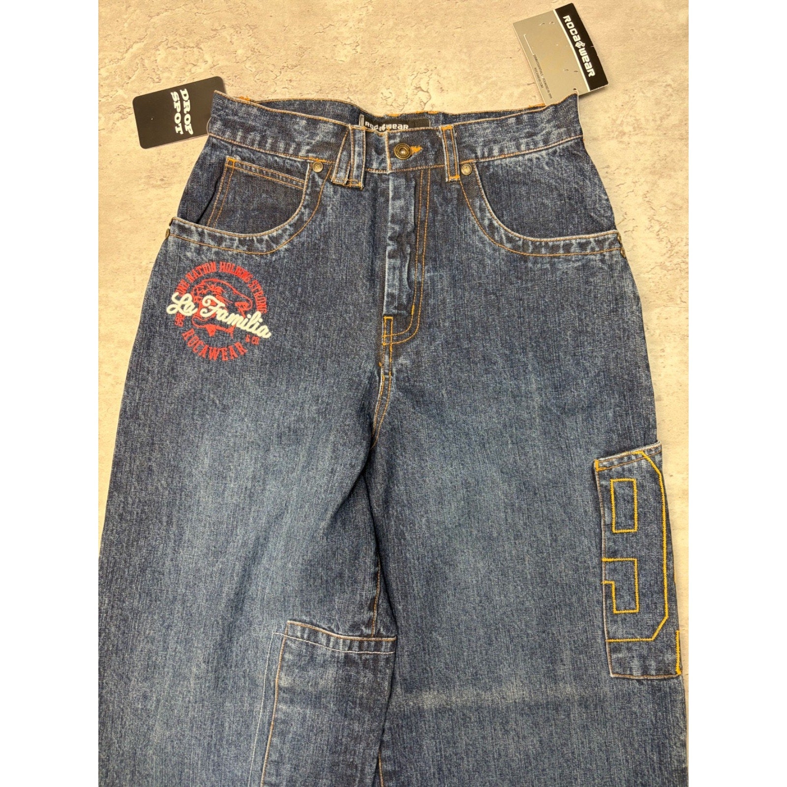 Vintage Y2K Womens Rocawear La Familia Embroidered Medium Wash Denim Pants 26x29