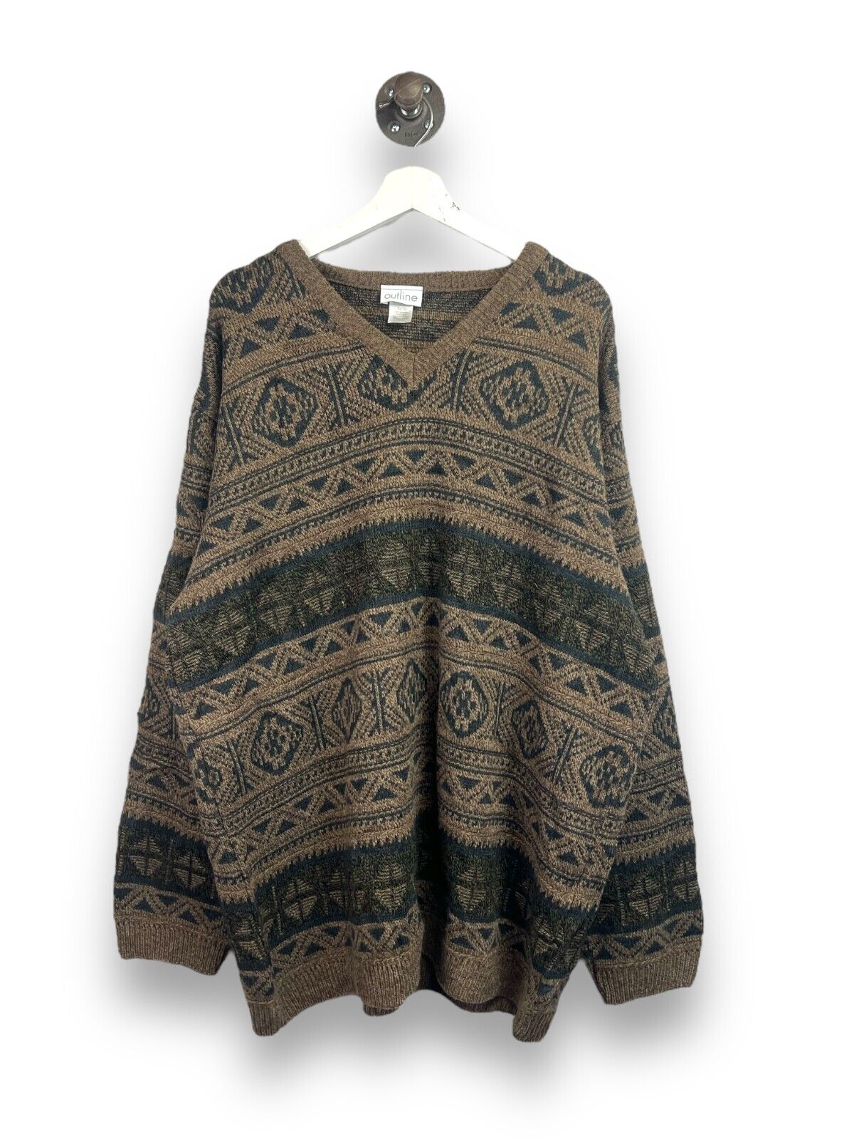 Vintage 90s Outline Aztec Pattern Pullover V Neck Knit Sweater Size XL Brown