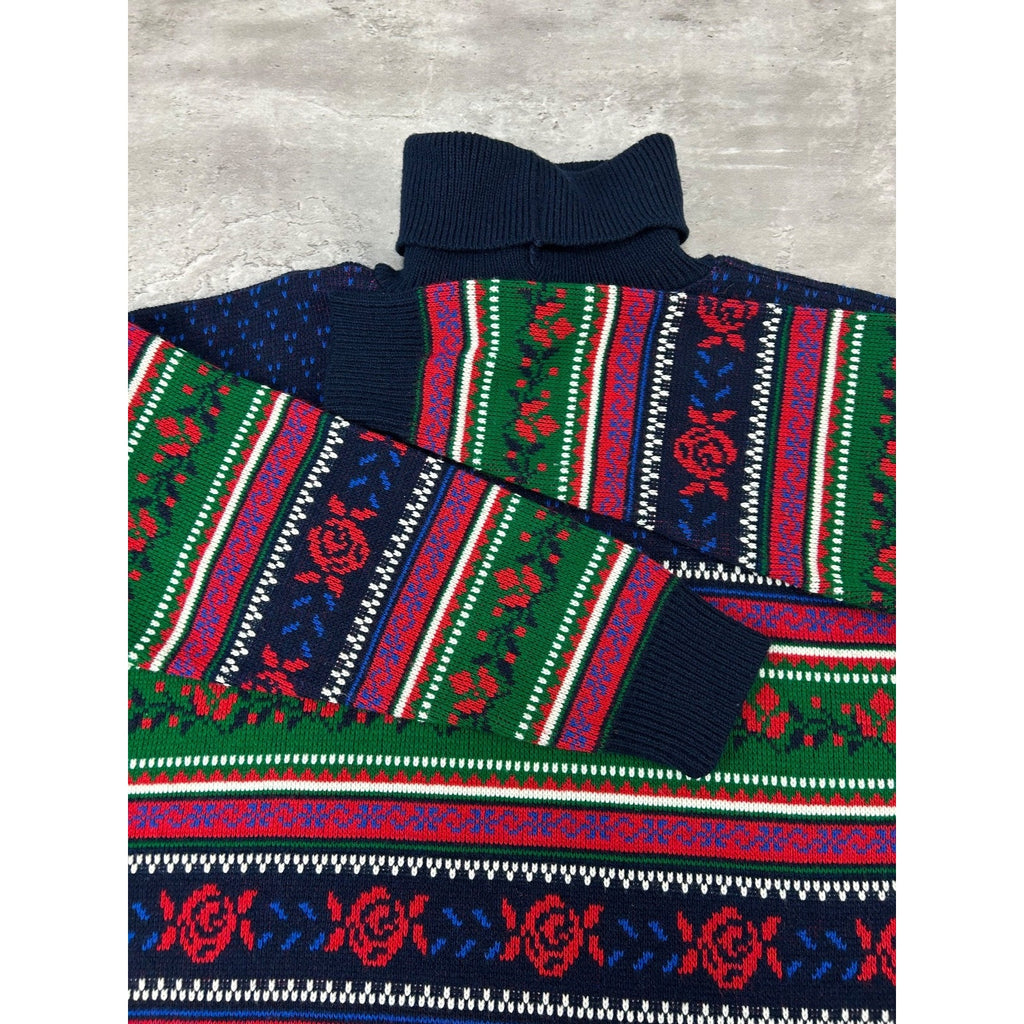 Vintage 90s Rose Striped Print Pullover Turtle Neck Knit Sweater Size Large