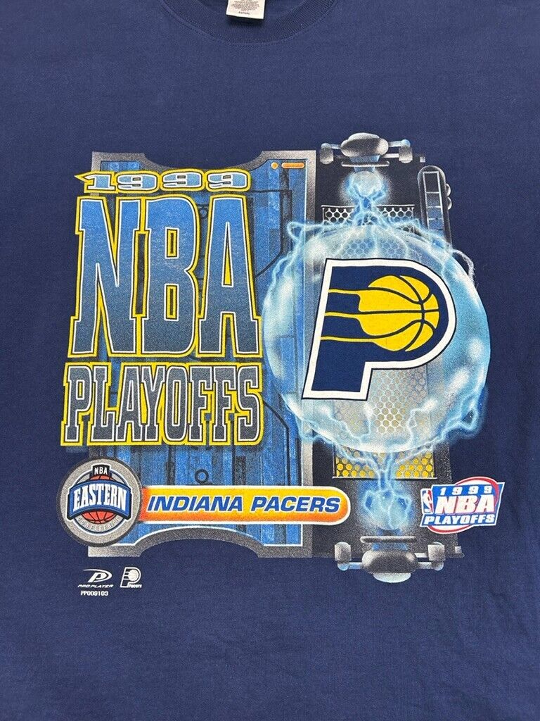 Vintage 1999 Indiana Pacers NBA Big Graphic Spellout Basketball T-Shirt Size XL