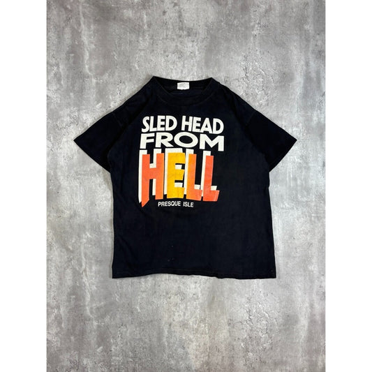 Vintage 80s/90s Sled Head From Hell Destination Graphic T-Shirt Size Large Black