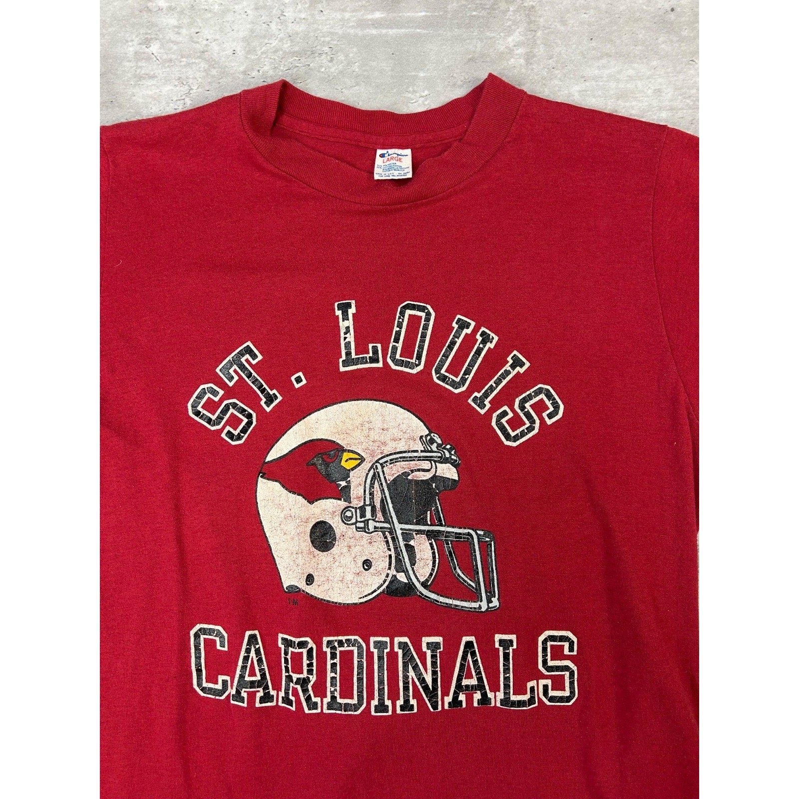 Vintage 80s St Louis Cardinals NFL Spellout Helmet Graphic T-Shirt Size Large