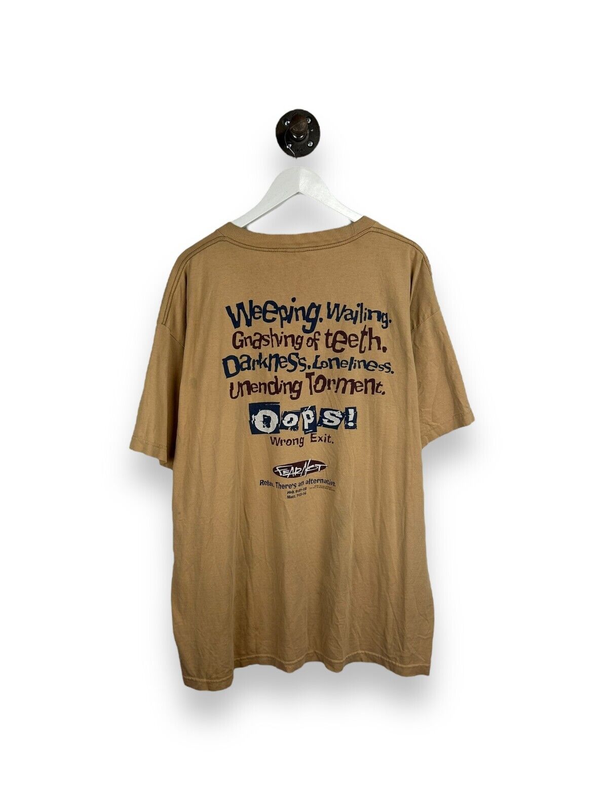 Vintage 1997 No Fear Oops Wrong Exit Slogan T-Shirt Size 2XL Brown 90s