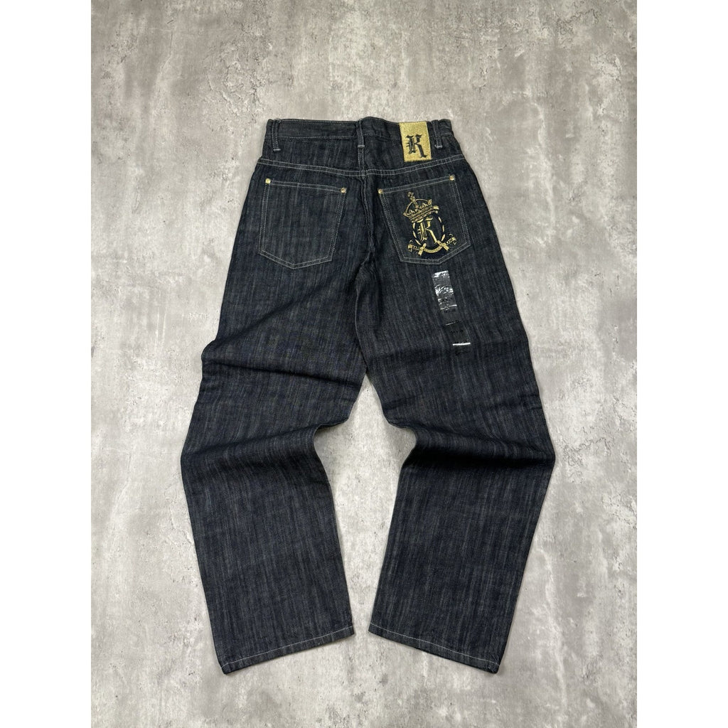 Vintage Y2K Womens Kani Embroidered Crown Dark Wash Denim Pants Size 14x28