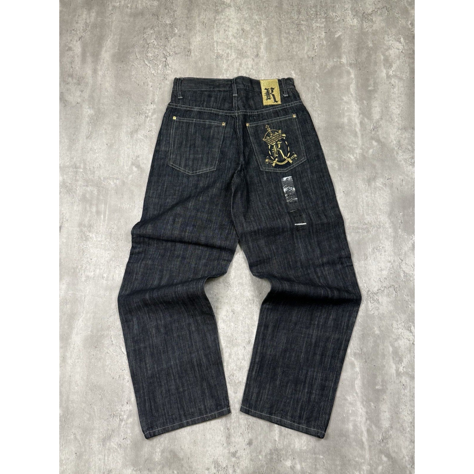Vintage Y2K Womens Kani Embroidered Crown Dark Wash Denim Pants Size 14x28