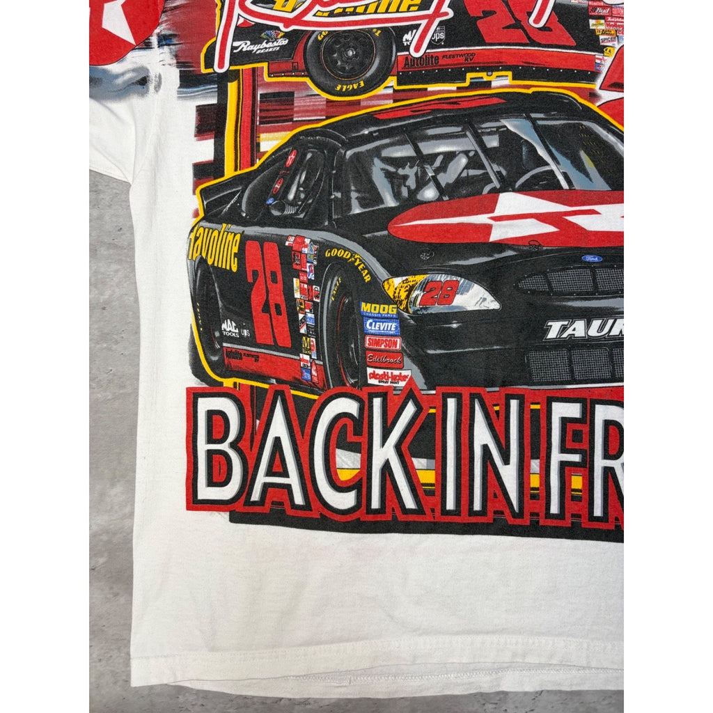 Vintage 90s Ernie Irvan #28 Back In Front All Over Print Nascar T-Shirt Sz Large