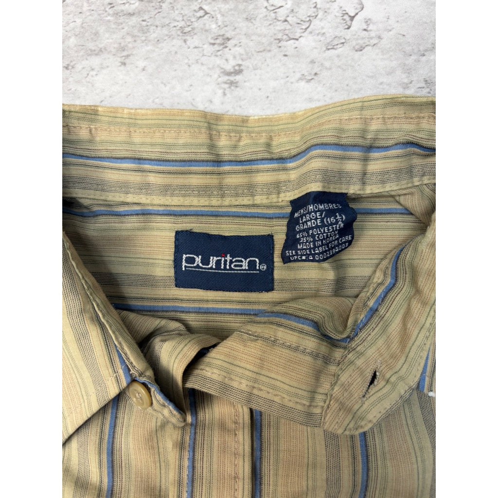 VTG Puritan Single Pocket Striped Reworked Cropped Button Up Shirt Size Large