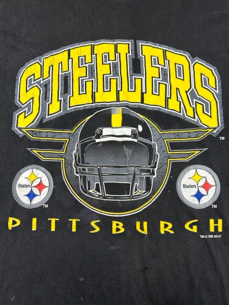 Vintage 1995 Pittsburgh Steelers NFL Helmet Graphic Spellout T-Shirt Size XL 90s