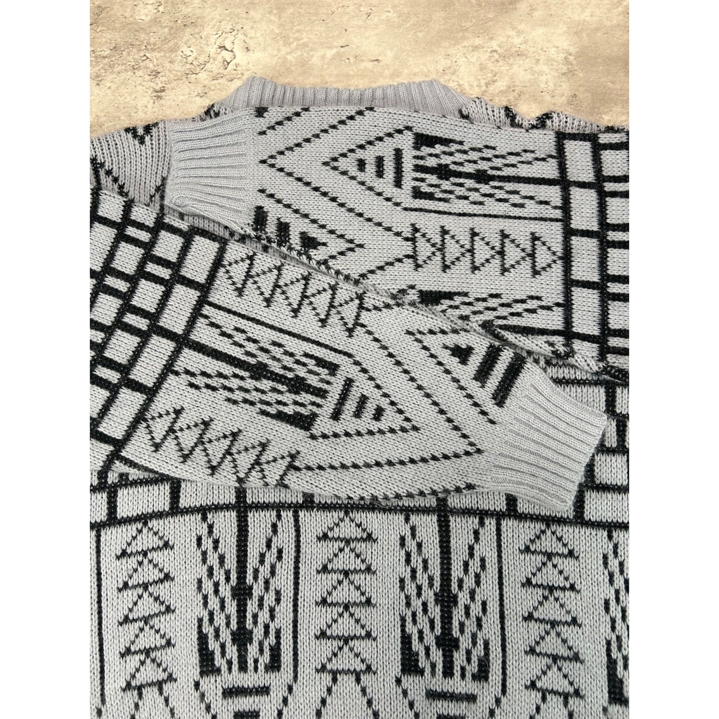 Vintage 90s Spunky Geometric Striped Pullover Knit Sweater Size Medium Gray