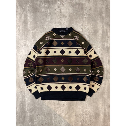 Vintage 90s Woods & Gray Diamond Striped Print Pullover Knit Sweater Size Large