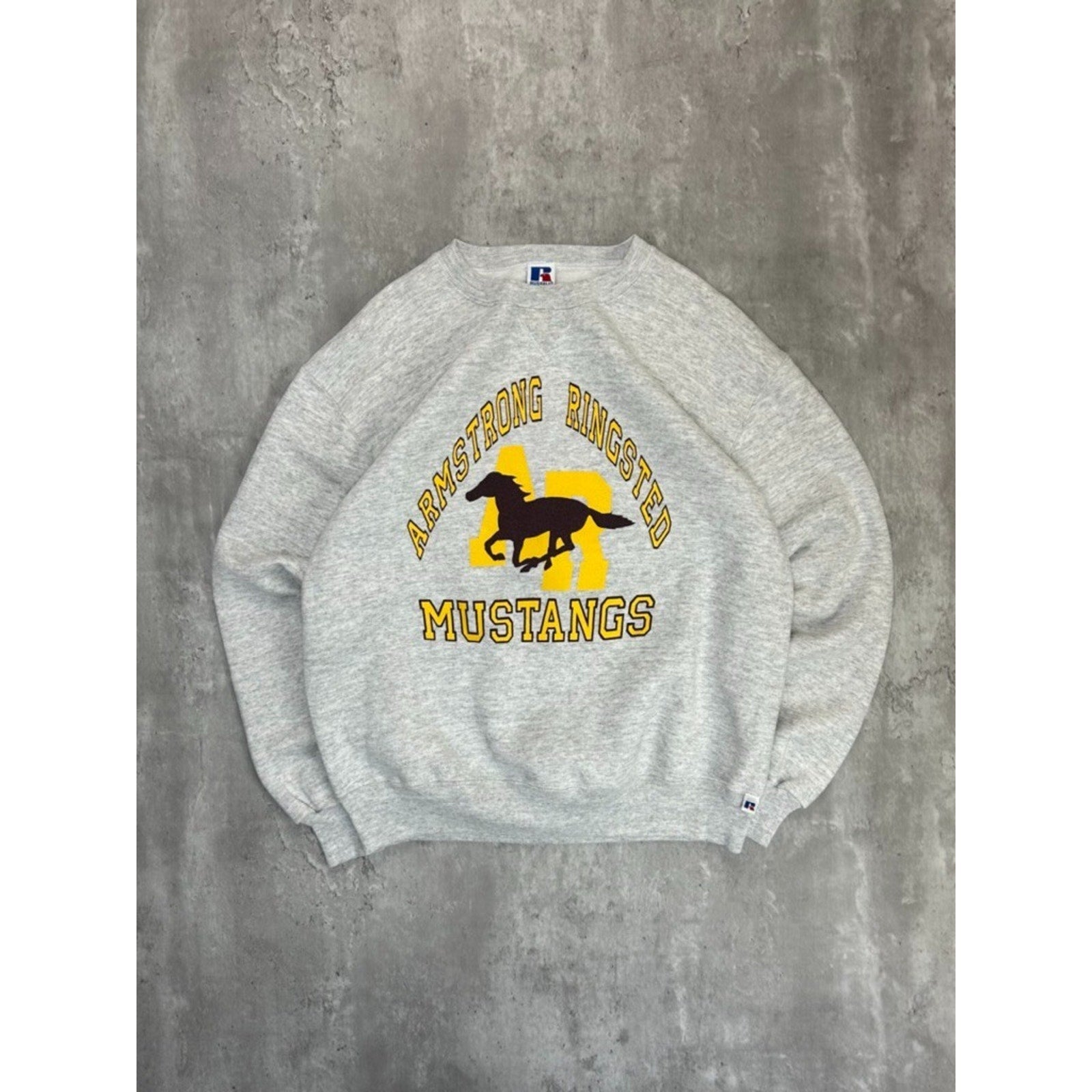 Vintage 90s Armstrong Ringsted Mustangs Collegiate Graphic Sweatshirt Size Large