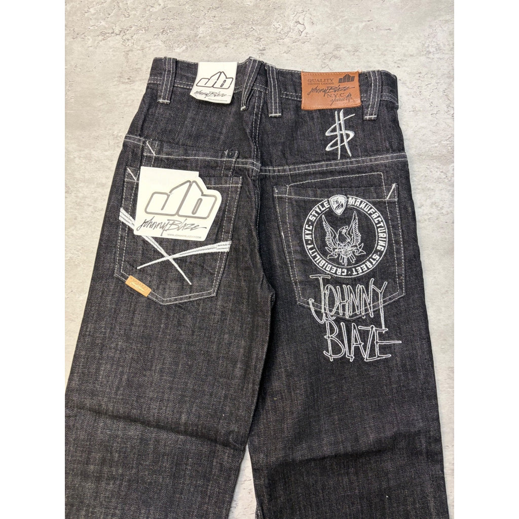 Vintage Y2K Womens Johnny Blaze Embroidered Black Wash Denim Pants