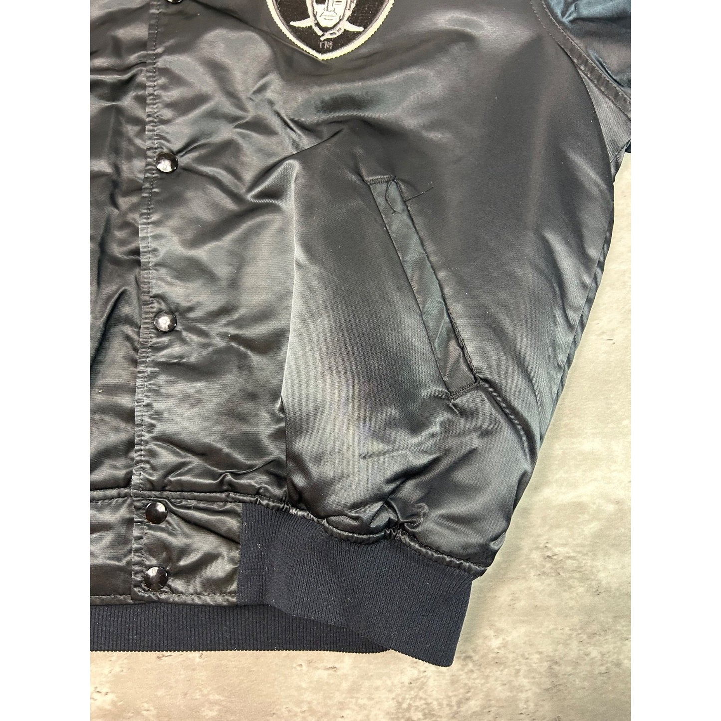 Vintage 90s Oakland Raiders NFL Starter Satin Bomber Jacket Size Large Black