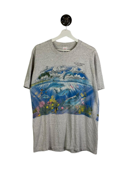 Vintage 90s Blioxi Beach Mississippi Ocean Wraparound Print T-Shirt Size Large