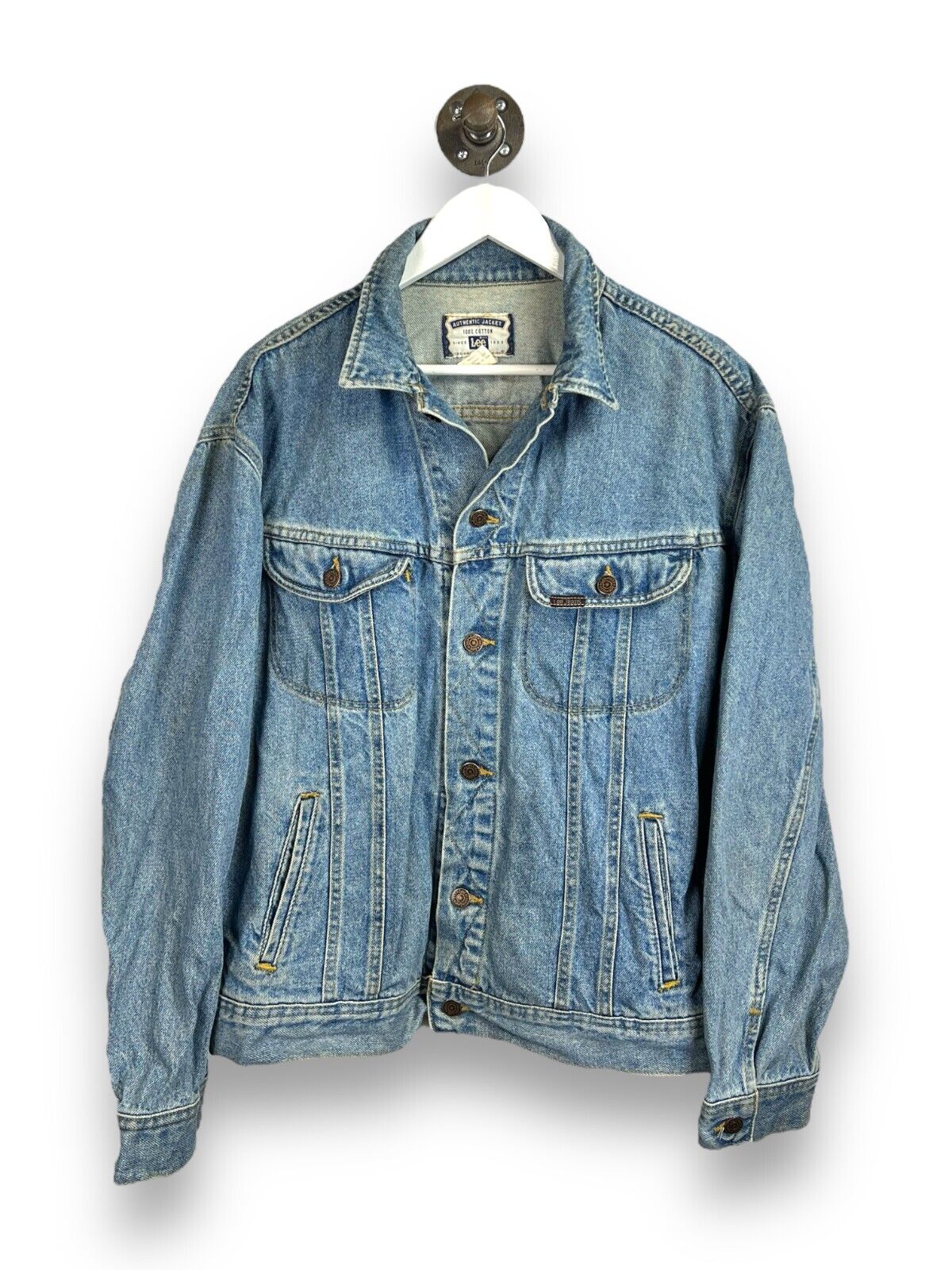 Vintage 90s Lee Jeans Light Wash Denim Trucker Jacket Size Large Blue