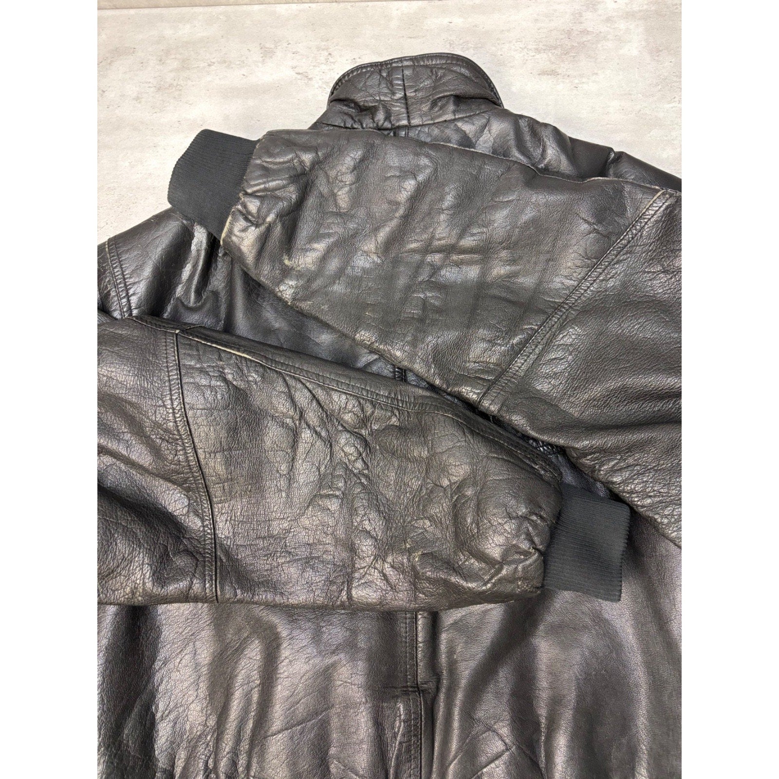 Vintage Leather Globe Pattern Lined Full Zip Bomber Jacket Size XL