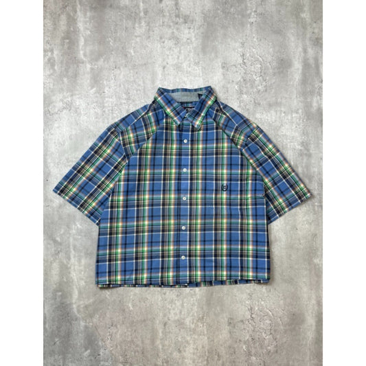 Vintage Chaps Plaid Print Short Sleeve Reworked Cropped Button Up Shirt Sz XL
