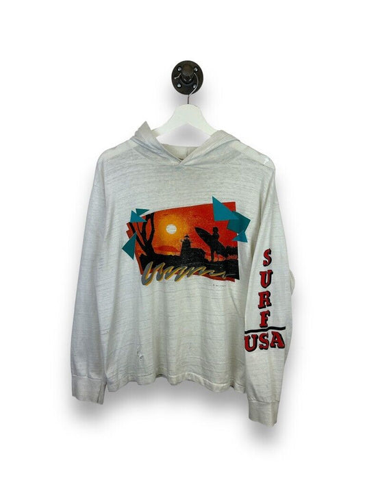 Vintage 1984 David Peeler Surf USA Hooded Long Sleeve T-Shirt Size XL White