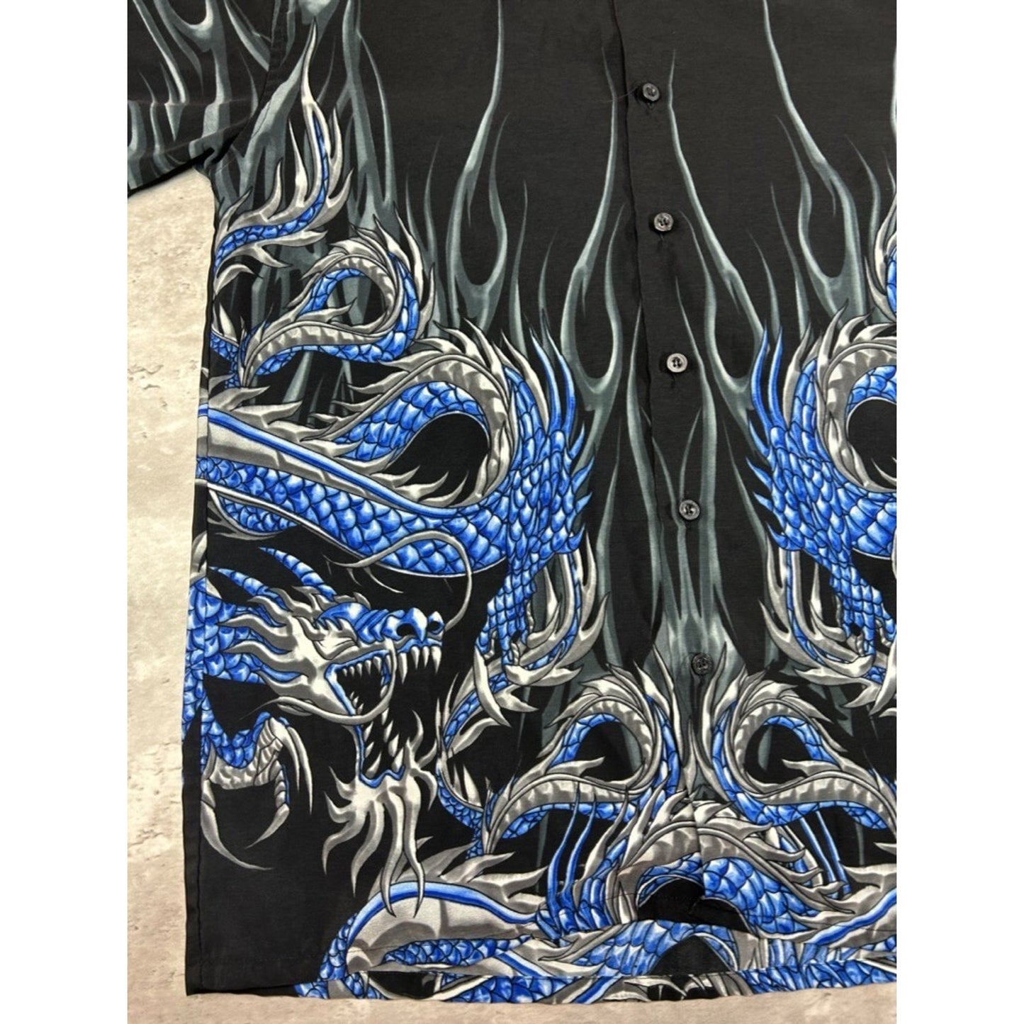 Vintage Y2K Flame Dragon All Over Print Short Sleeve Button Up Shirt Size Medium