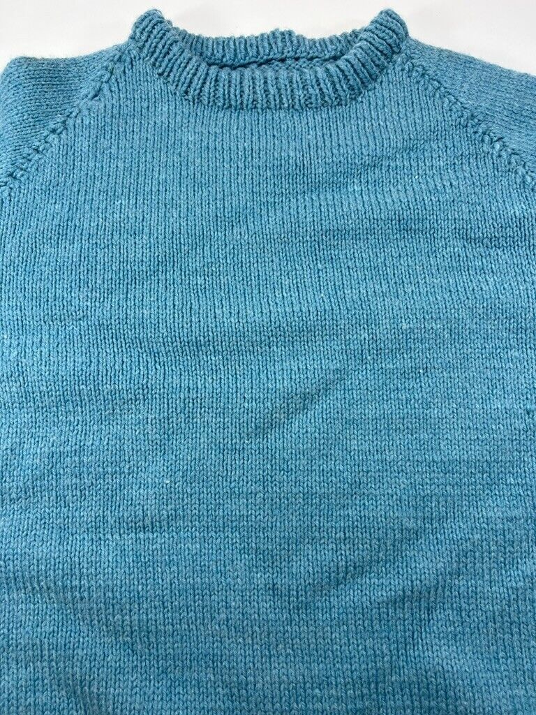 Vintage 80s/90s Hand Knit Ribbed Neck Pullover Knit Sweater Size Large Blue