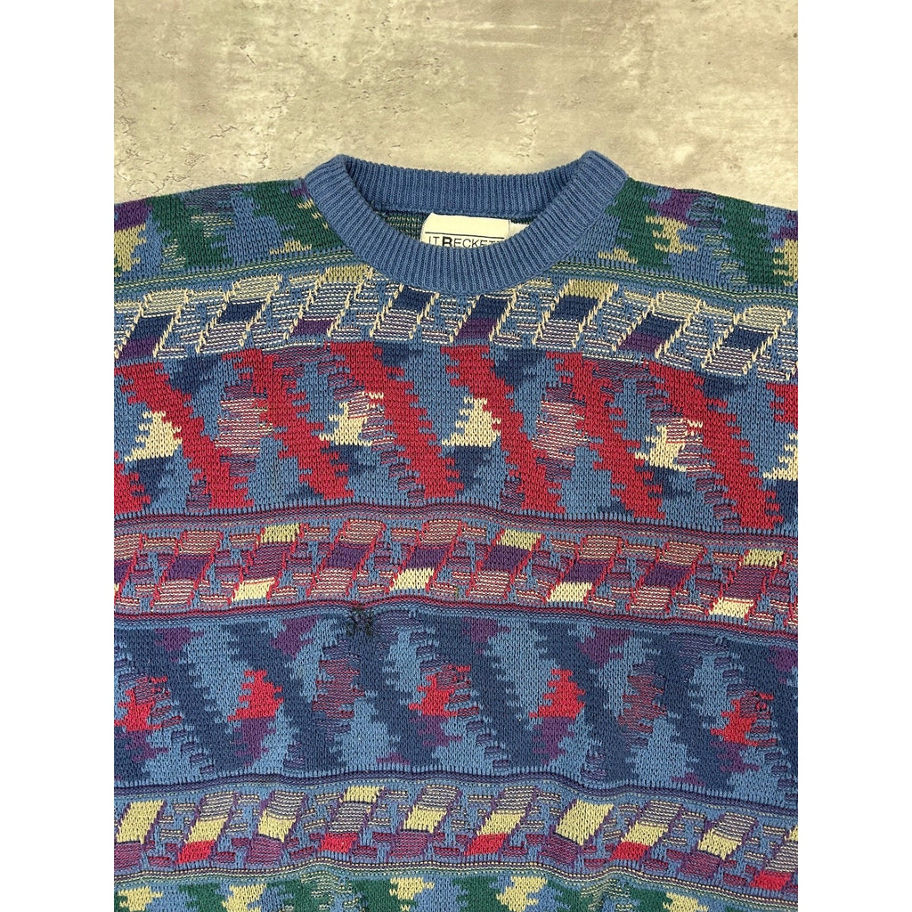 Vintage 90s Abstract Geometric Striped Pullover Knit Sweater Size XL
