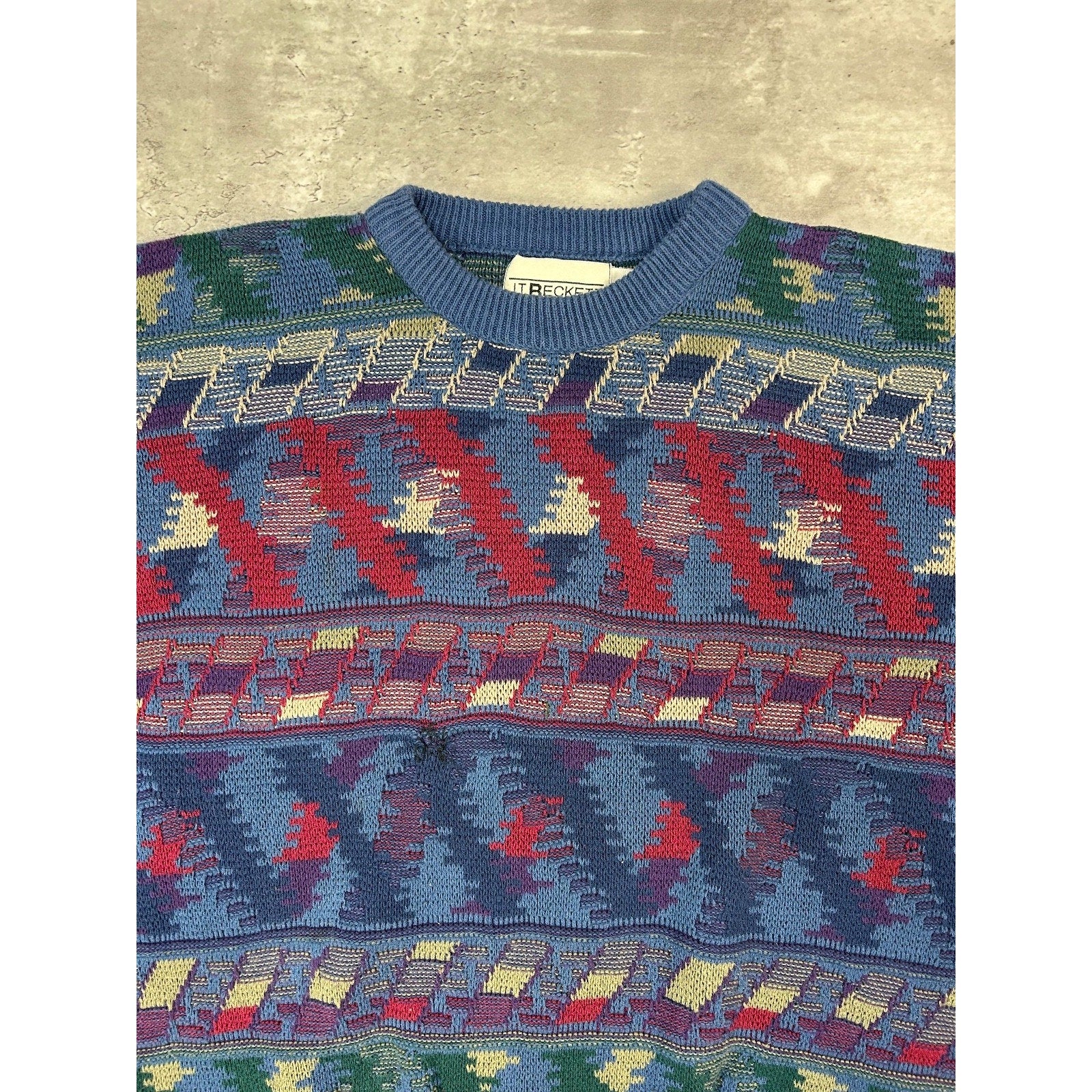 Vintage 90s Abstract Geometric Striped Pullover Knit Sweater Size XL
