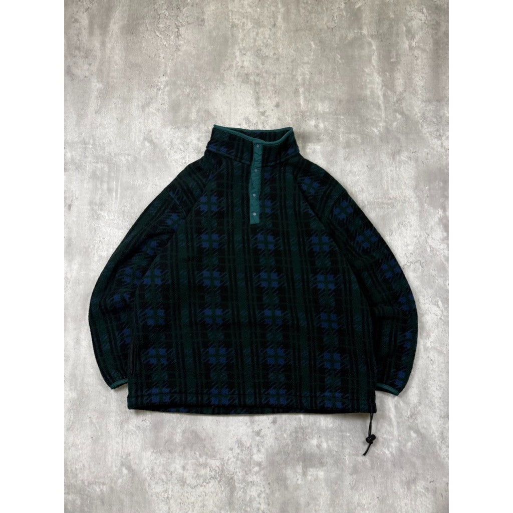 Vintage L.L. Bean Plaid 1/4 Button Fleece Pullover Sweatshirt Size Large