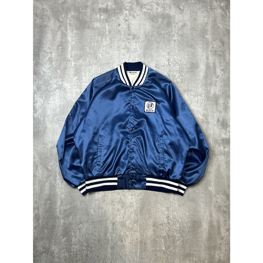 Vintage 80s Buick Embroidered Patch Satin Bomber Jacket Size Large Blue