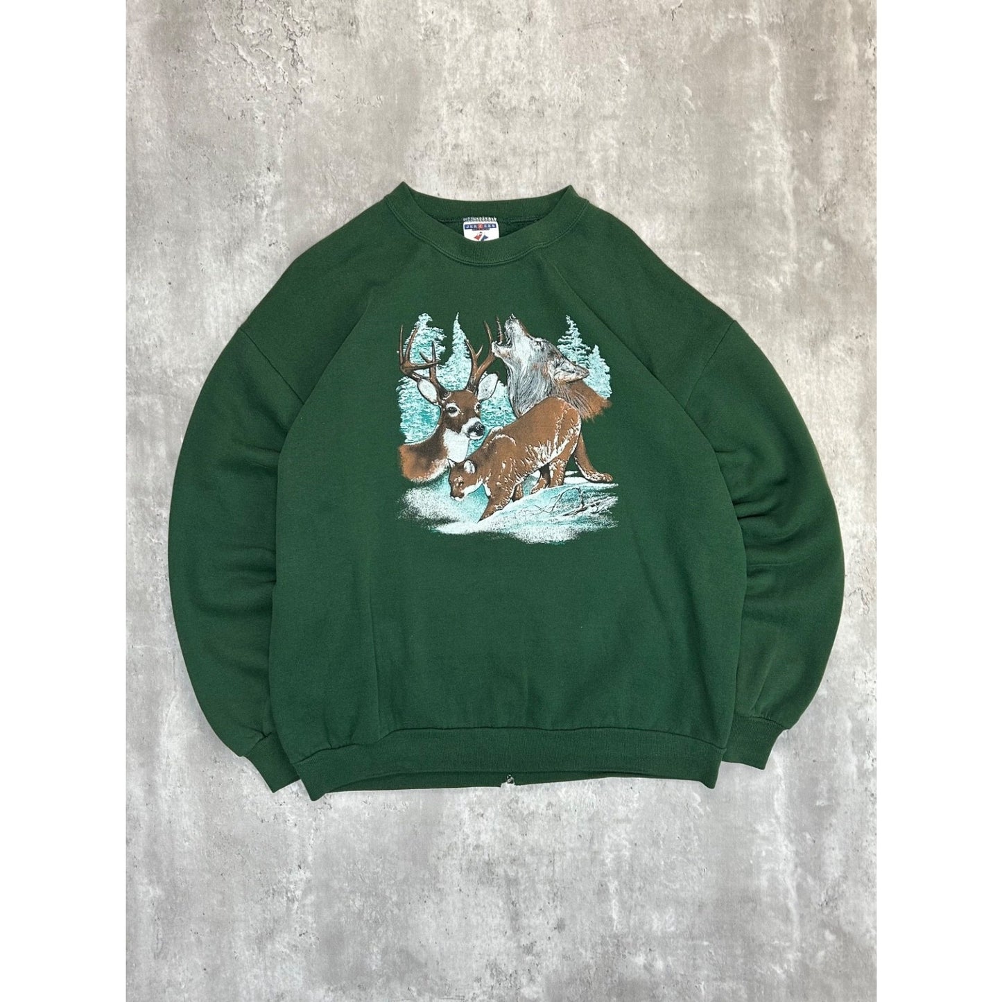 Vintage 90s Arctic Wildlands Deer Nature Graphic Sweatshirt Size XL Green