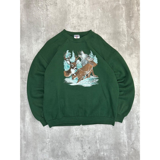 Vintage 90s Arctic Wildlands Deer Nature Graphic Sweatshirt Size XL Green