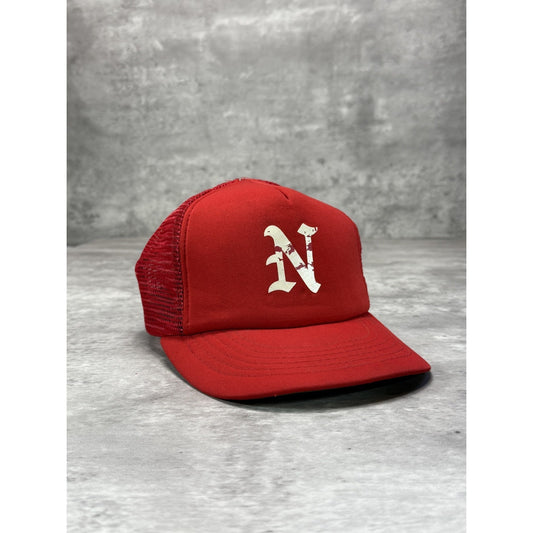 Vintage 80s Old English N Graphic Trucker Snapback Hat OSFA Red