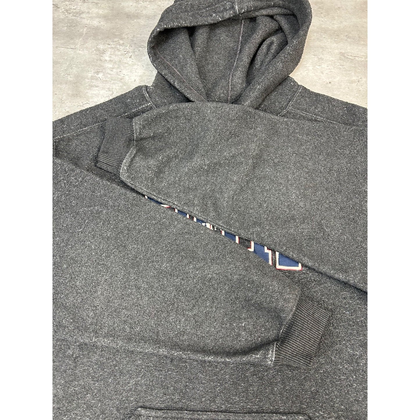 Vintage BUM Equipment Embroidered Spellout Hooded Sweatshirt Size Large Gray