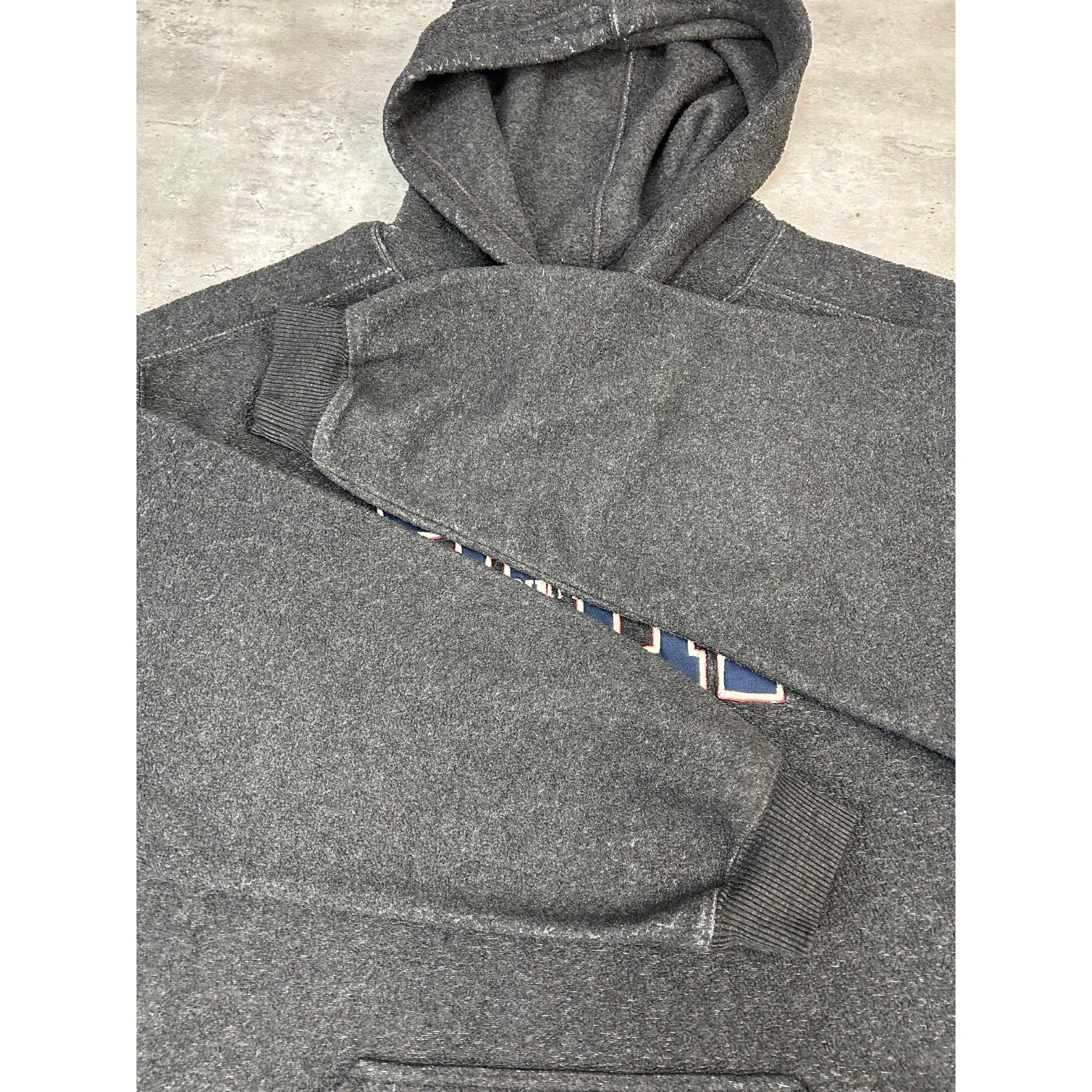 Vintage BUM Equipment Embroidered Spellout Hooded Sweatshirt Size Large Gray