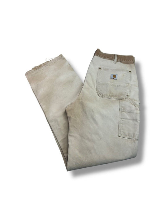 Vintage Carhartt Canvas Work Wear Carpenter Double Knee Pants Size 34W Beige