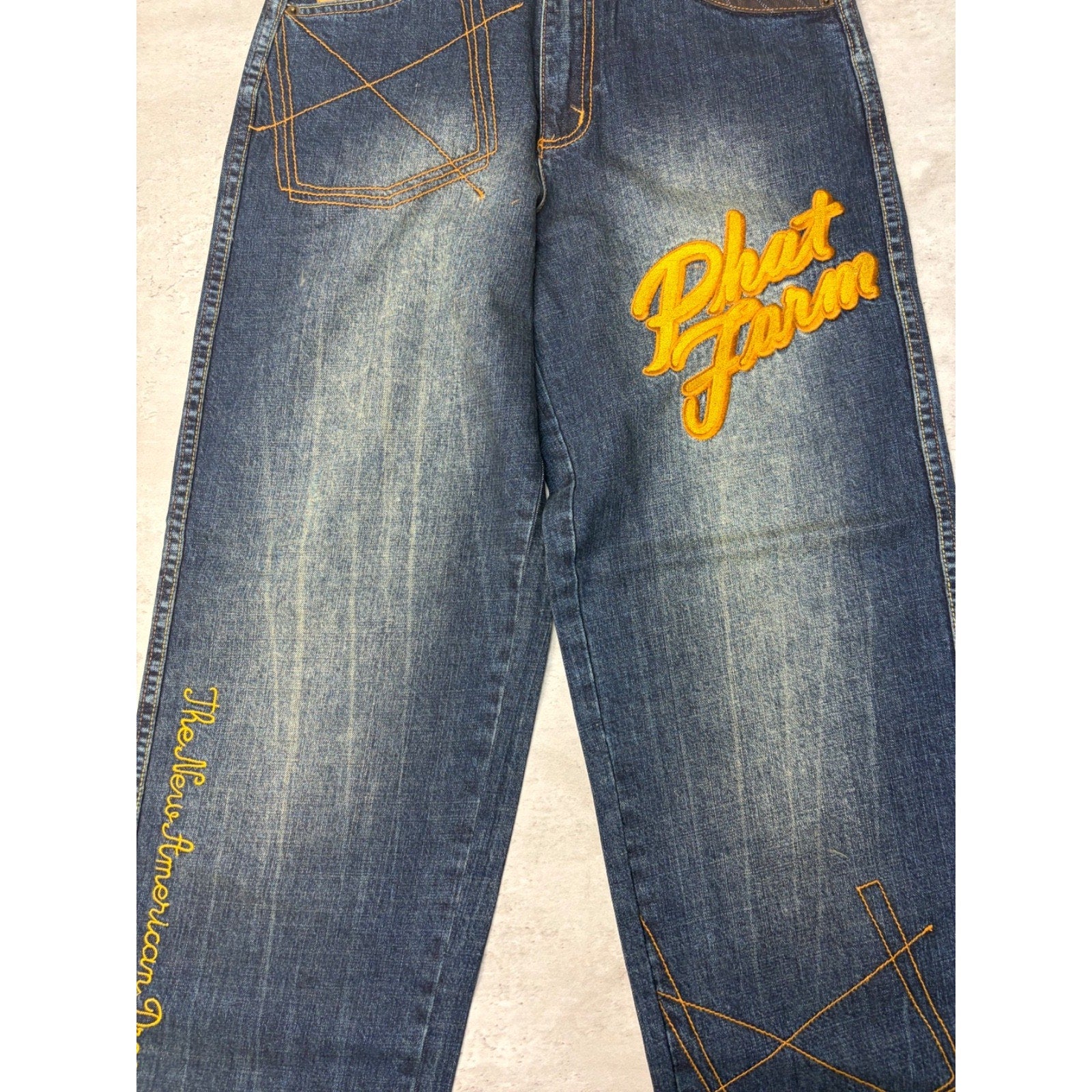Vintage Womens Y2K Phat Farm Embroidered Script Dark Wash Denim Pants