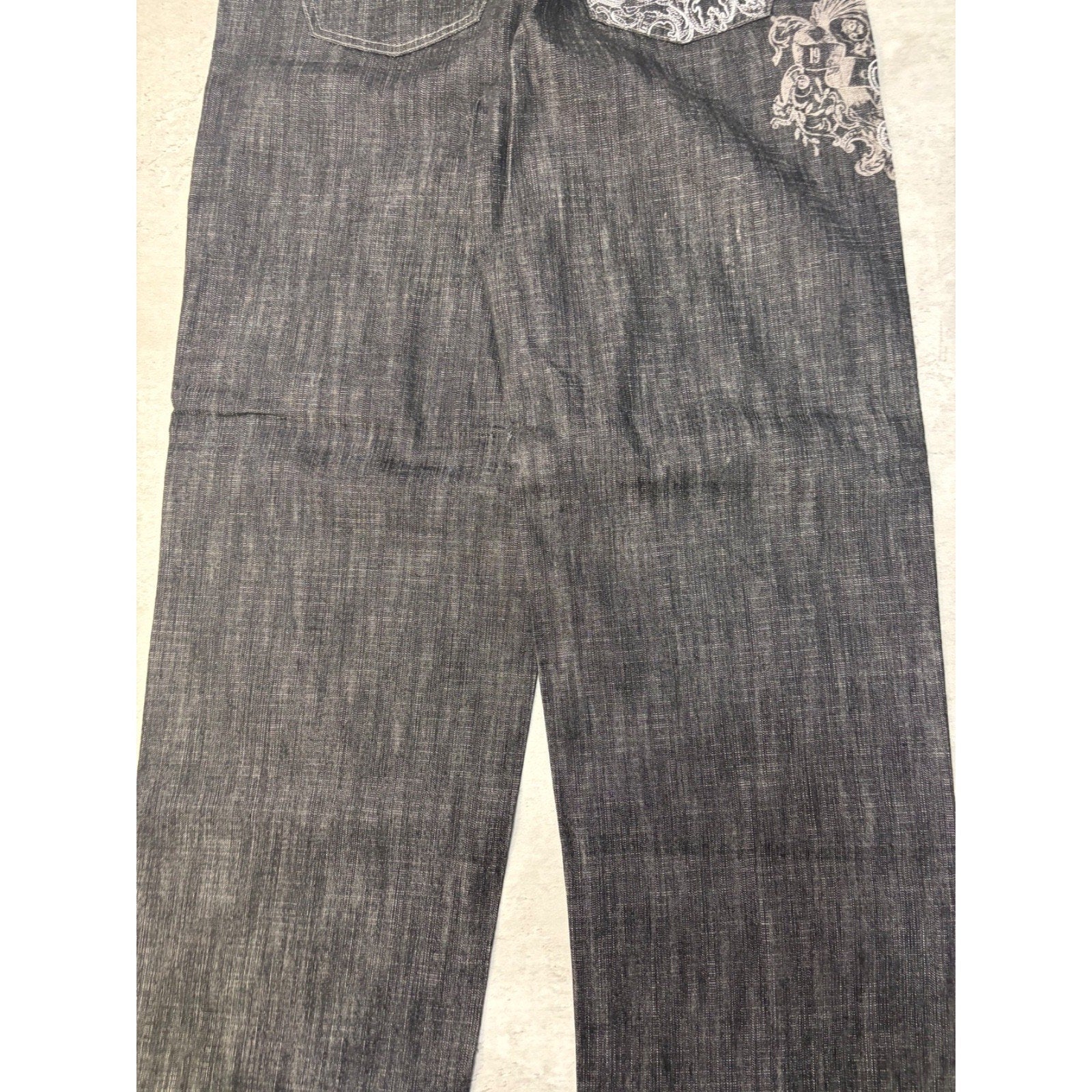 Vintage Y2K Womens Phat Farm Embroidered Graphic Black Wash Denim Pants Sz 29x31