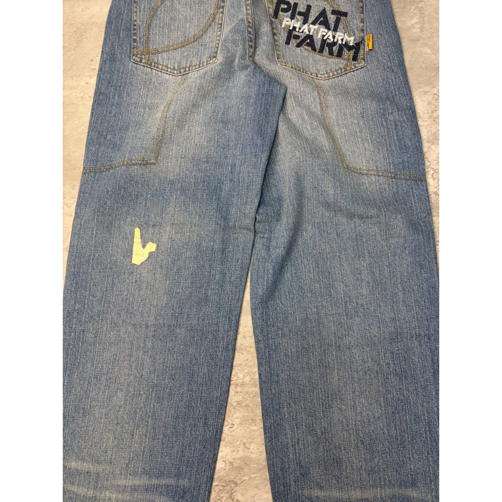 Vintage Y2K Womens Phat Farm Embroidered Spellout Medium Wash Denim Pants