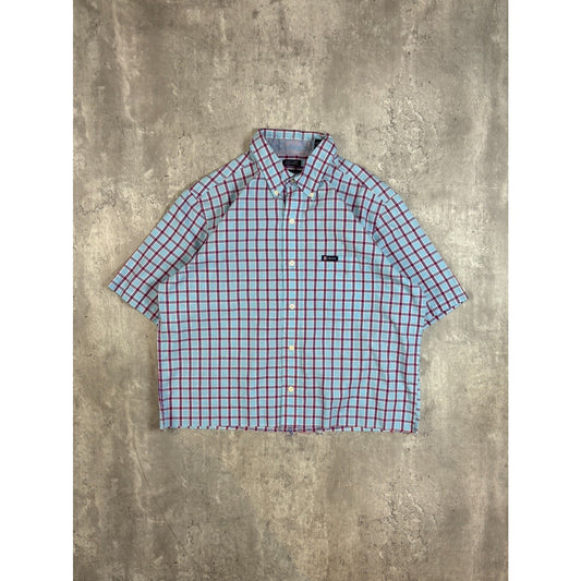 Vintage Chaps Plaid Single Pocket Short Sleeve Cropped Button Up Shirt Size Medium