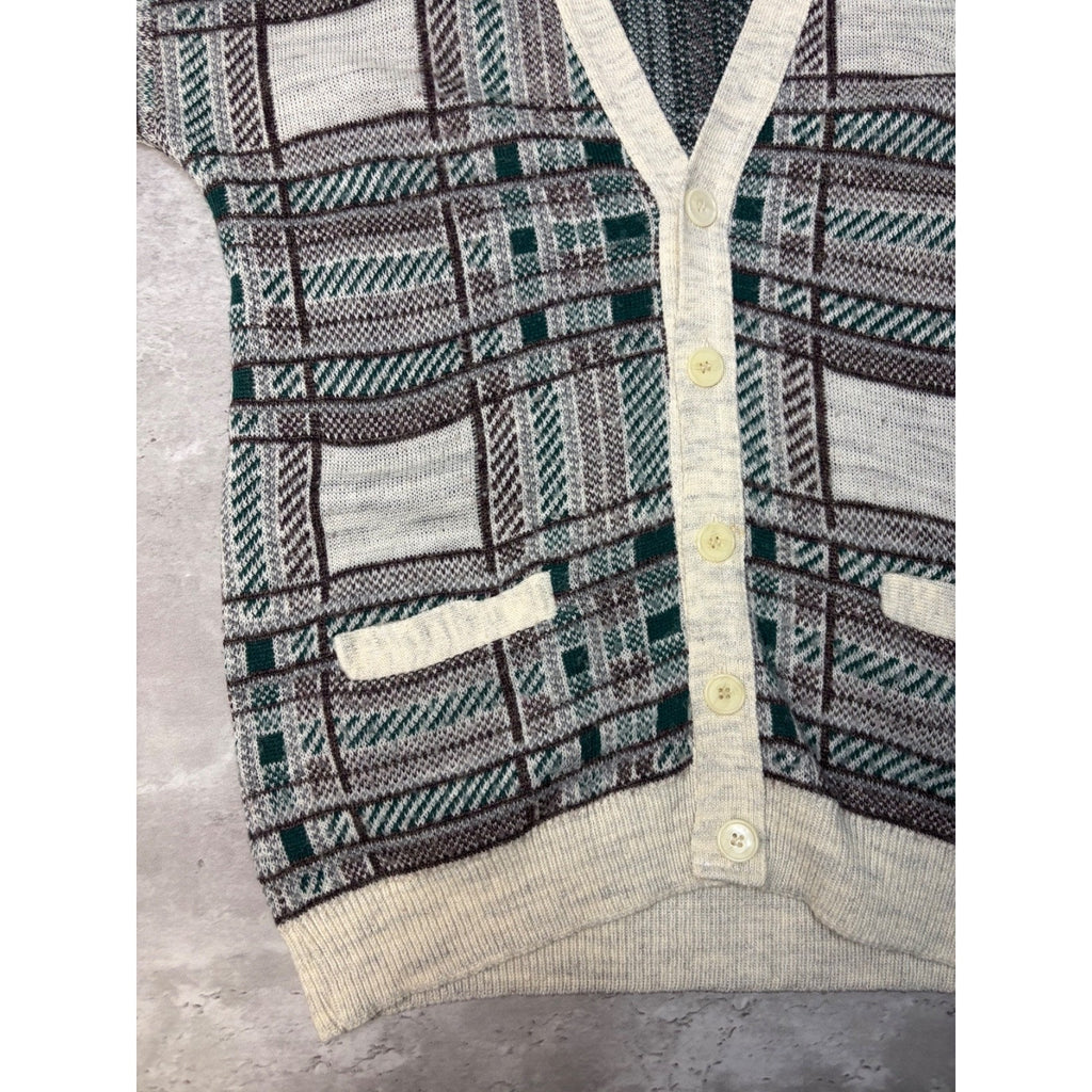 Vintage 80s Moda Abstract Plaid Print Cardigan Knit Sweater Size Large