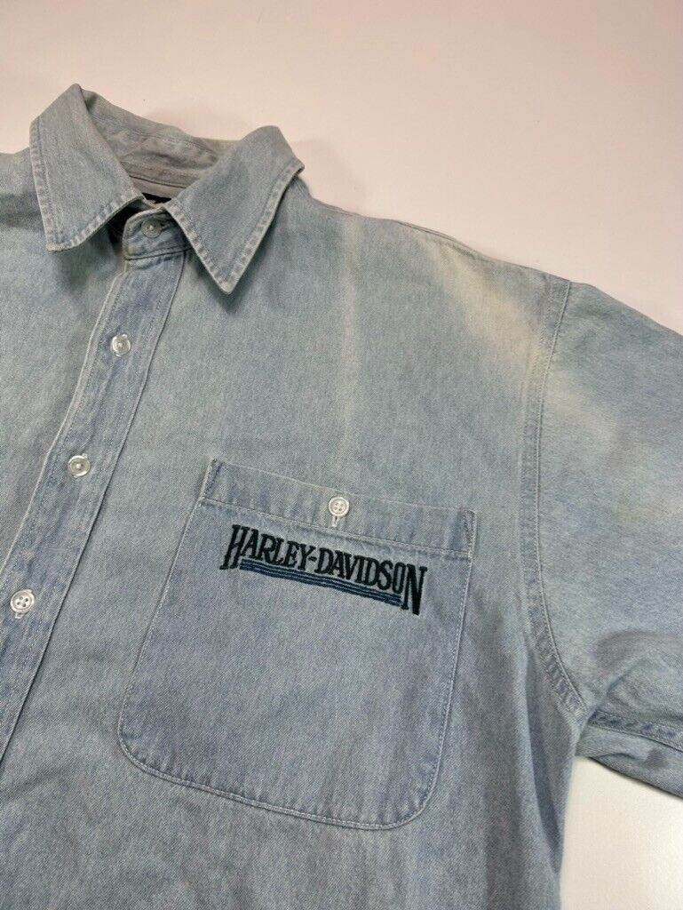 Vintage Harley Davidson Light Wash Denim Double Pocket Button Up Shirt Sz Large