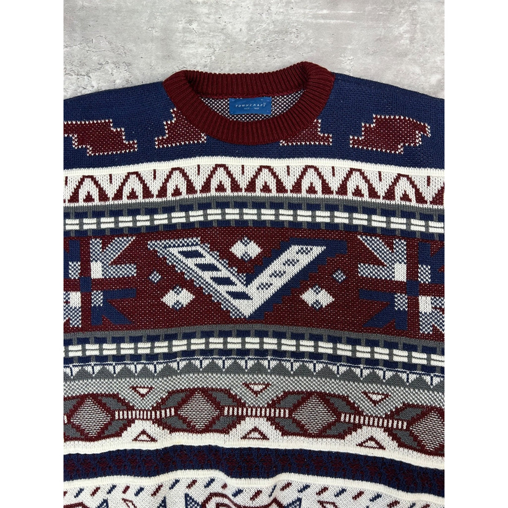 Vintage Towncraft Abstract Striped Print Pullover Knit Sweater Size Large