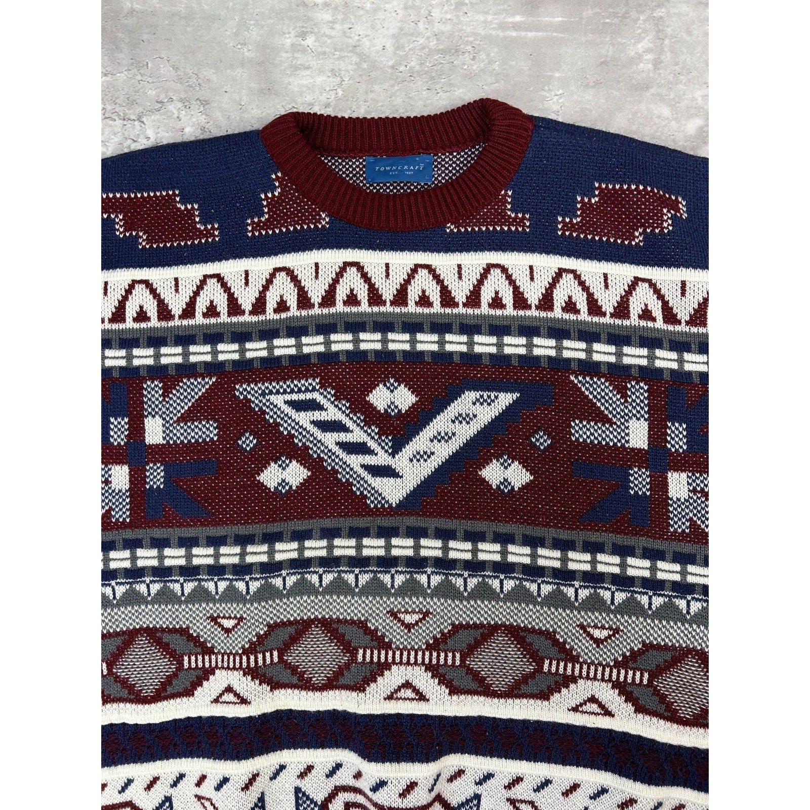 Vintage Towncraft Abstract Striped Print Pullover Knit Sweater Size Large
