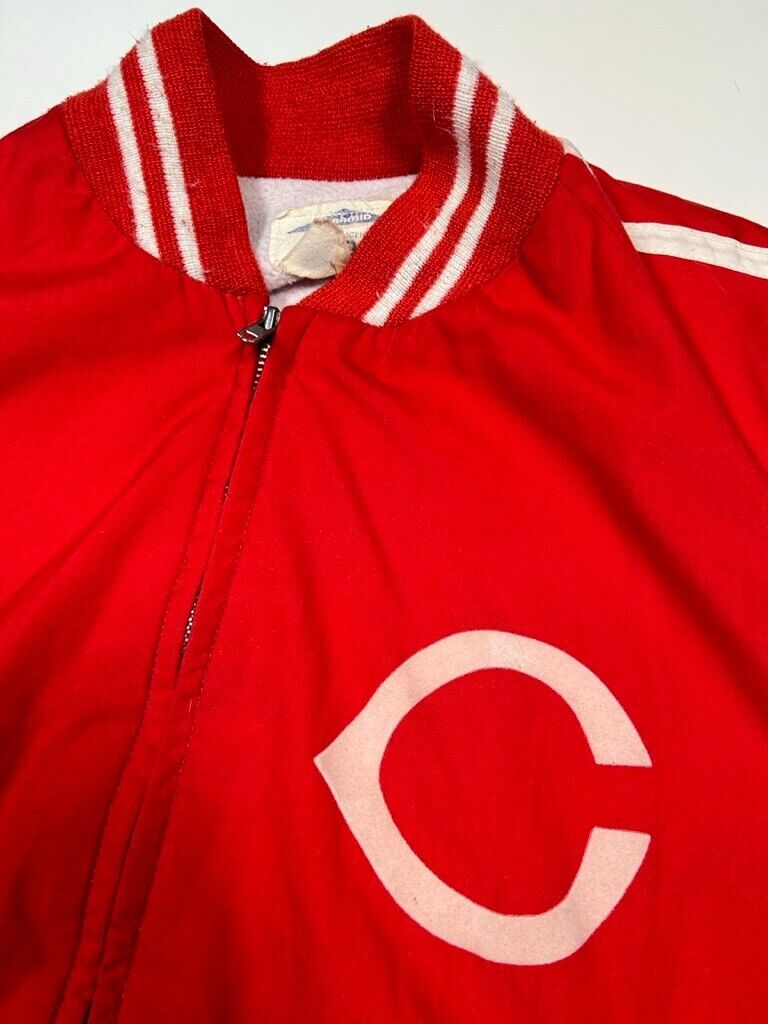 Vintage 70s/80s Cincinnati Reds MLB Arc Spell Out Pyramid Bomber Jacket Sz Large