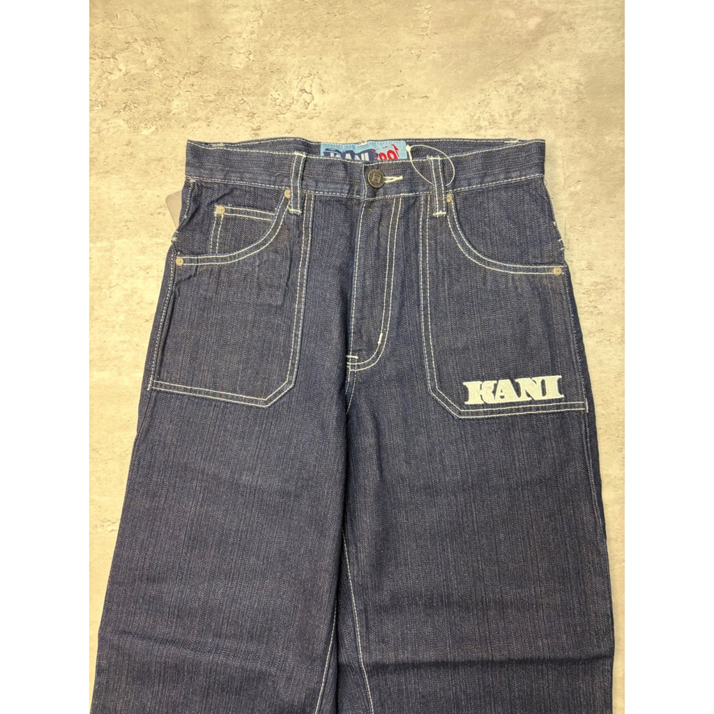 Vintage Y2K Womens Kani Contrast Stitched Spellout Dark Wash Denim Pants