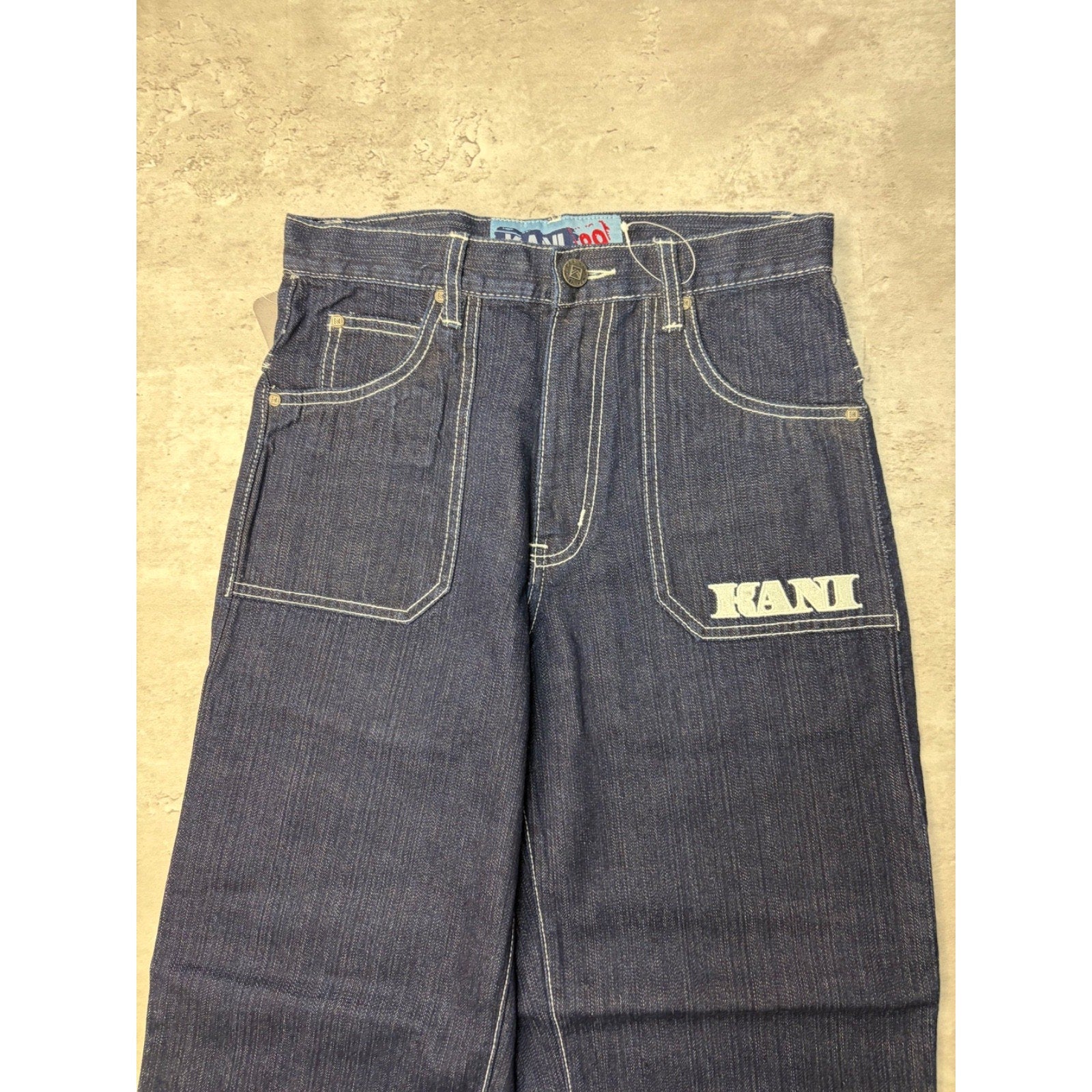 Vintage Y2K Womens Kani Contrast Stitched Spellout Dark Wash Denim Pants