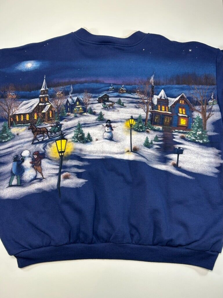 Vintage 90s Winter Village Landscape All Over Print Cardigan Sweatshirt Sz Large