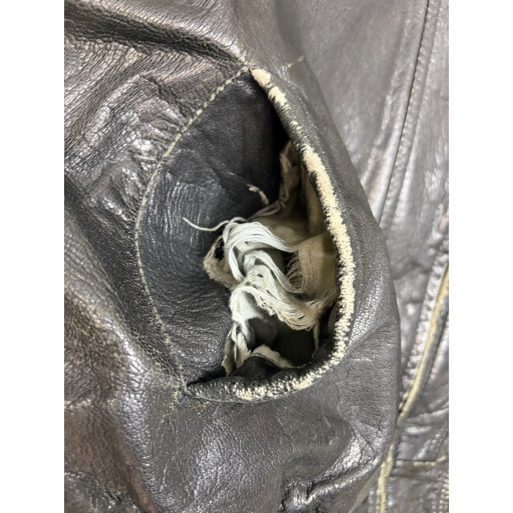 Vintage Leather Globe Pattern Lined Full Zip Bomber Jacket Size XL