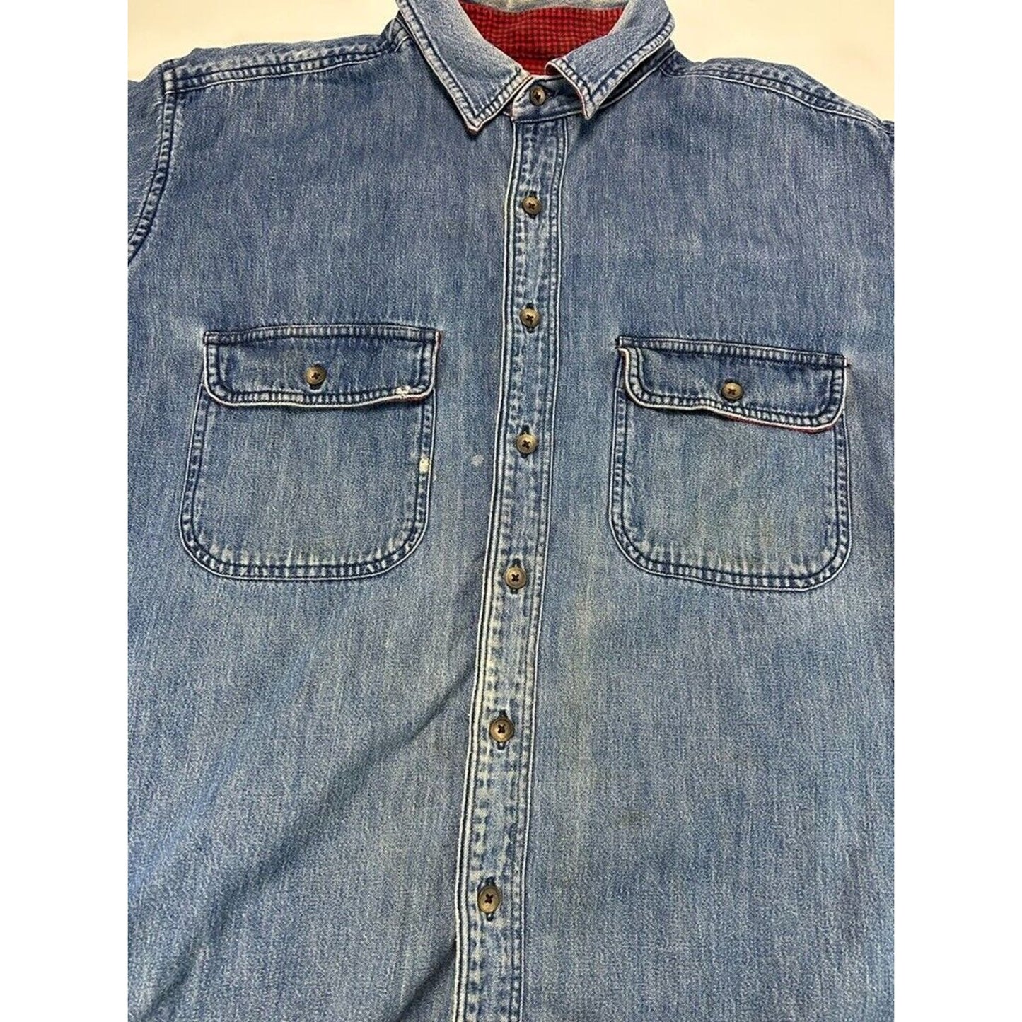 Vintage 90s L.L. Bean Plaid Lined Medium Wash Denim Button Up Shirt Size LT